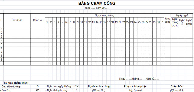 ví dụ về mẫu bảng chấm công